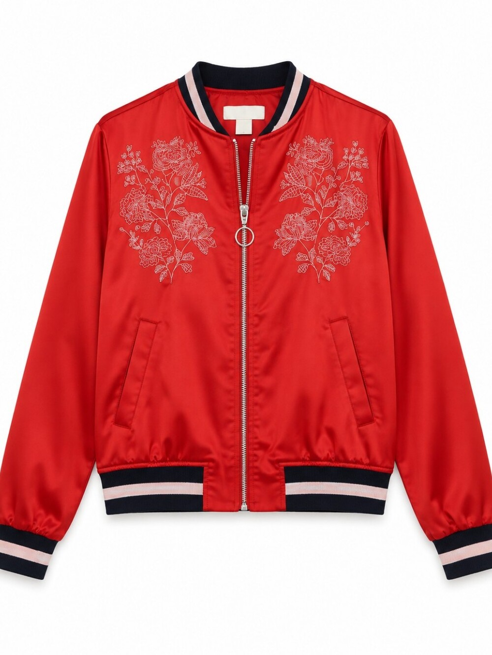 H&M Red And Navy Floral Embroidered Bomber Jacket